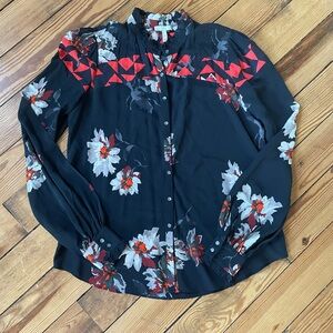 Joie Black Floral Button-Up Blouse with Red Geometric Detail